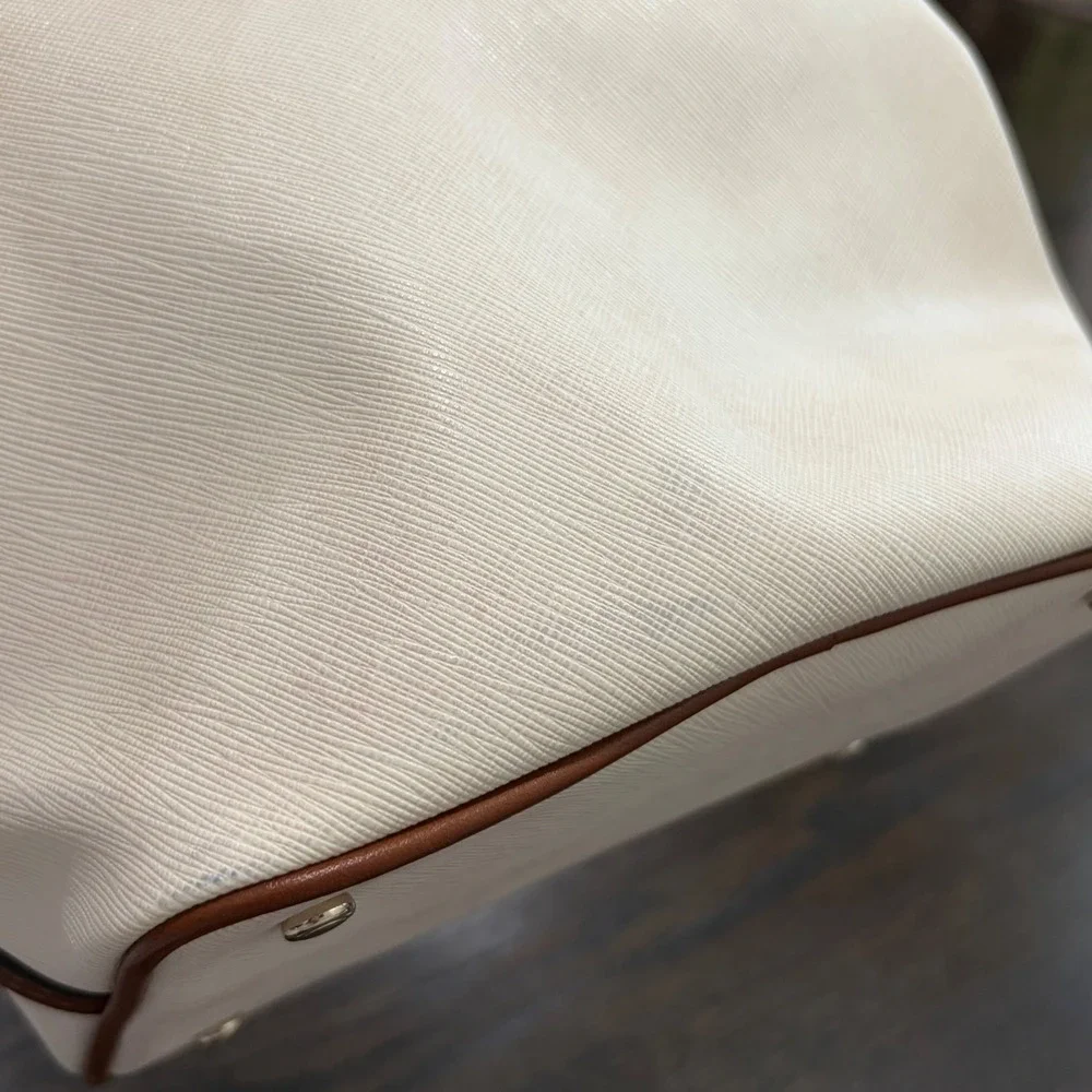 Tumi Villa Bucket Bag Womens Small Cream Brown Saffiano Leather Handbag Preppy